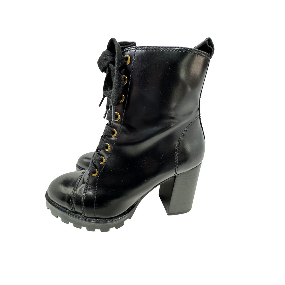 Uterque Lace Up Combat Boots Womens‎ 37 Black Block Heel Lug Sole Zip